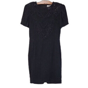 AP Ltd Beaded Fitted Mini Dress Black Silk Size 8 VTG Vintage